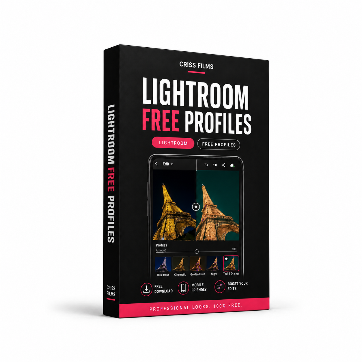 Before and after Eiffel Tower Lightroom edit shown on the Lightroom Profiles product box.