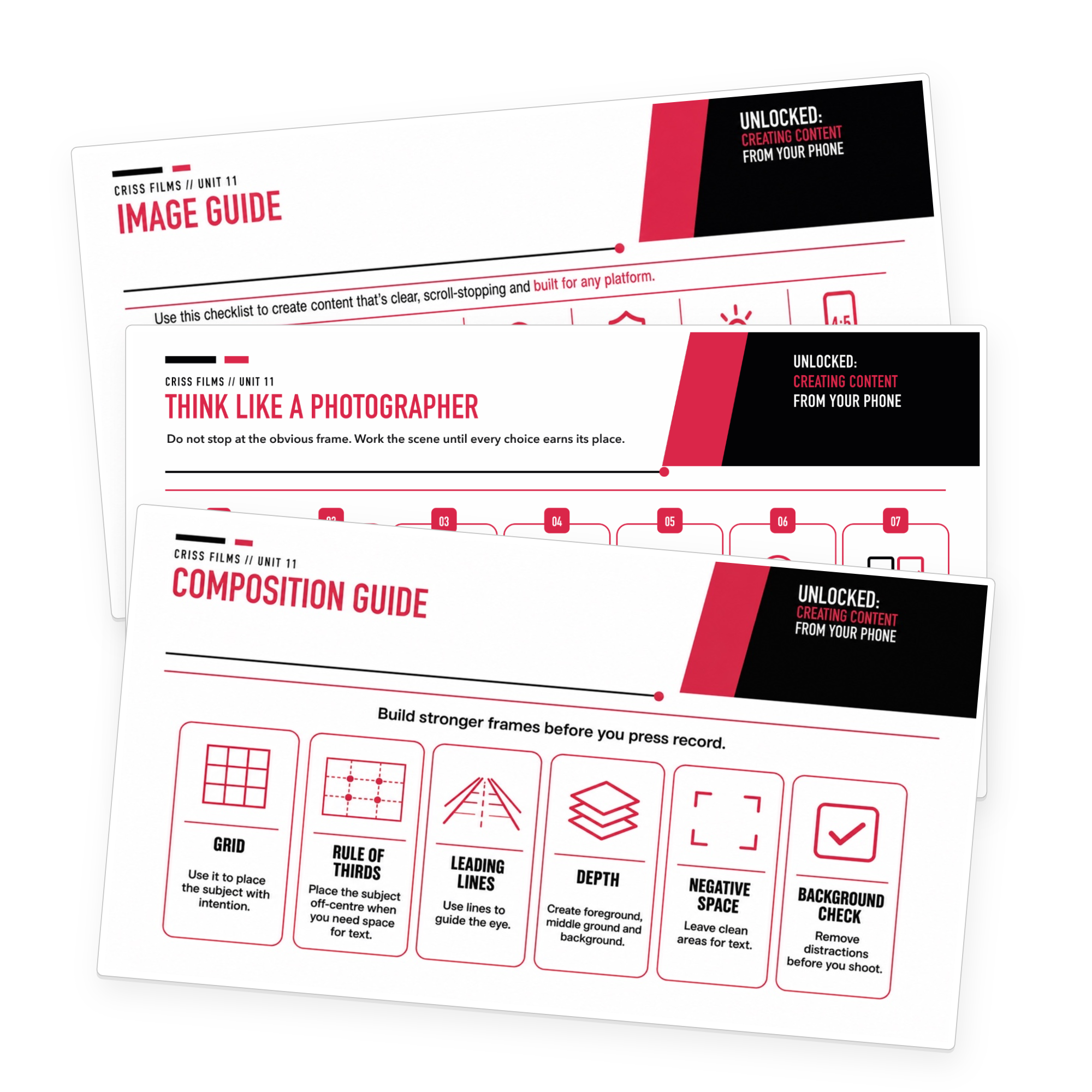 Pages from the free Shoot Stronger Pictures guide showing angles, composition and image prompts.