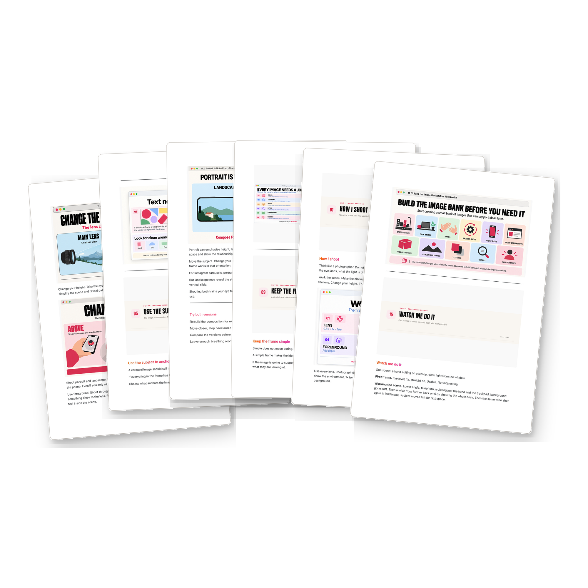 Pages from the free Shoot Stronger Pictures chapter of UNLOCKED, covering camera height, portrait and landscape, simple frames and building an image bank
