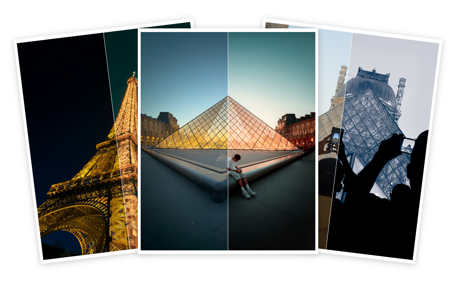 Before and after Lightroom Profiles edits of the Louvre pyramid, Eiffel Tower and Louvre at dusk