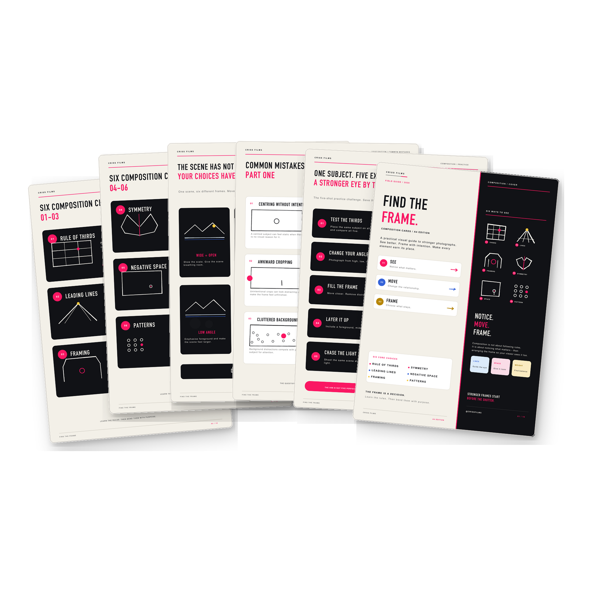 Find the Frame composition cards cover surrounded by pages on composition choices, common mistakes and exercises